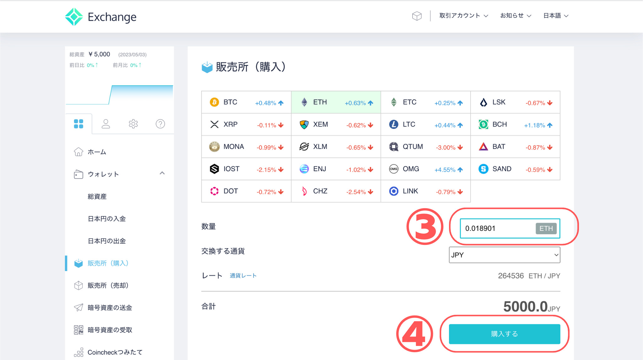 コインチェックでイーサリアム購入完了